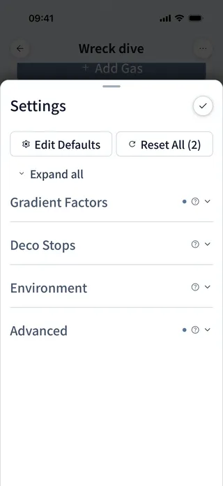 Deco Planner default settings screen with gradient factor controls