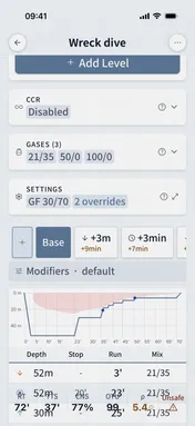 Dive Kit Deco Planner on a phone: a trimix wreck dive with its contingency tabs and deco schedule