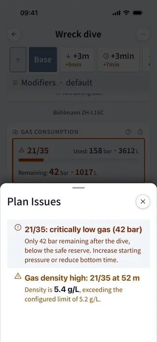 Dive Kit Plan Issues sheet showing gas density critical, END exceeds 30m, and low gas warnings