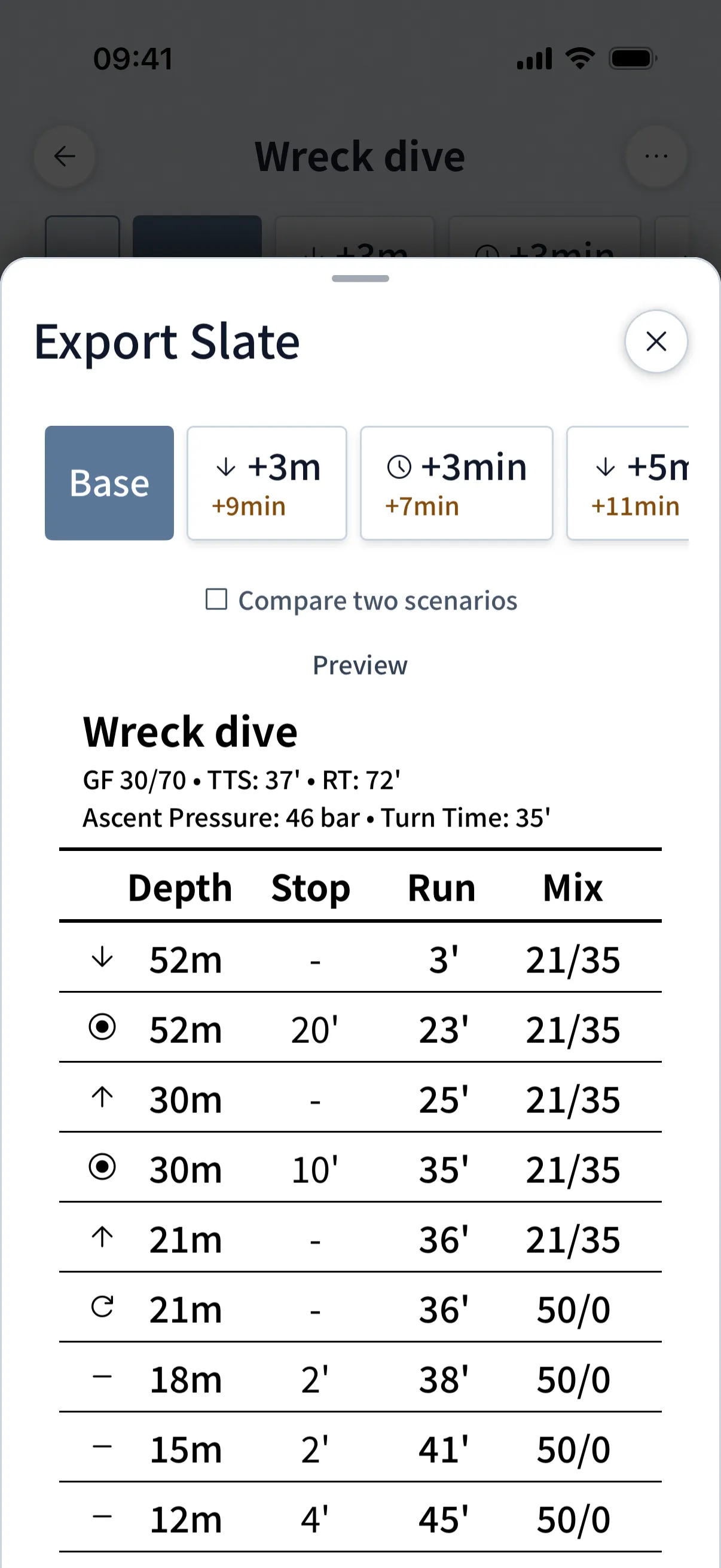 Dive Kit Slate Export screen with a printable deco schedule, exported as an image or A6-sized PDF