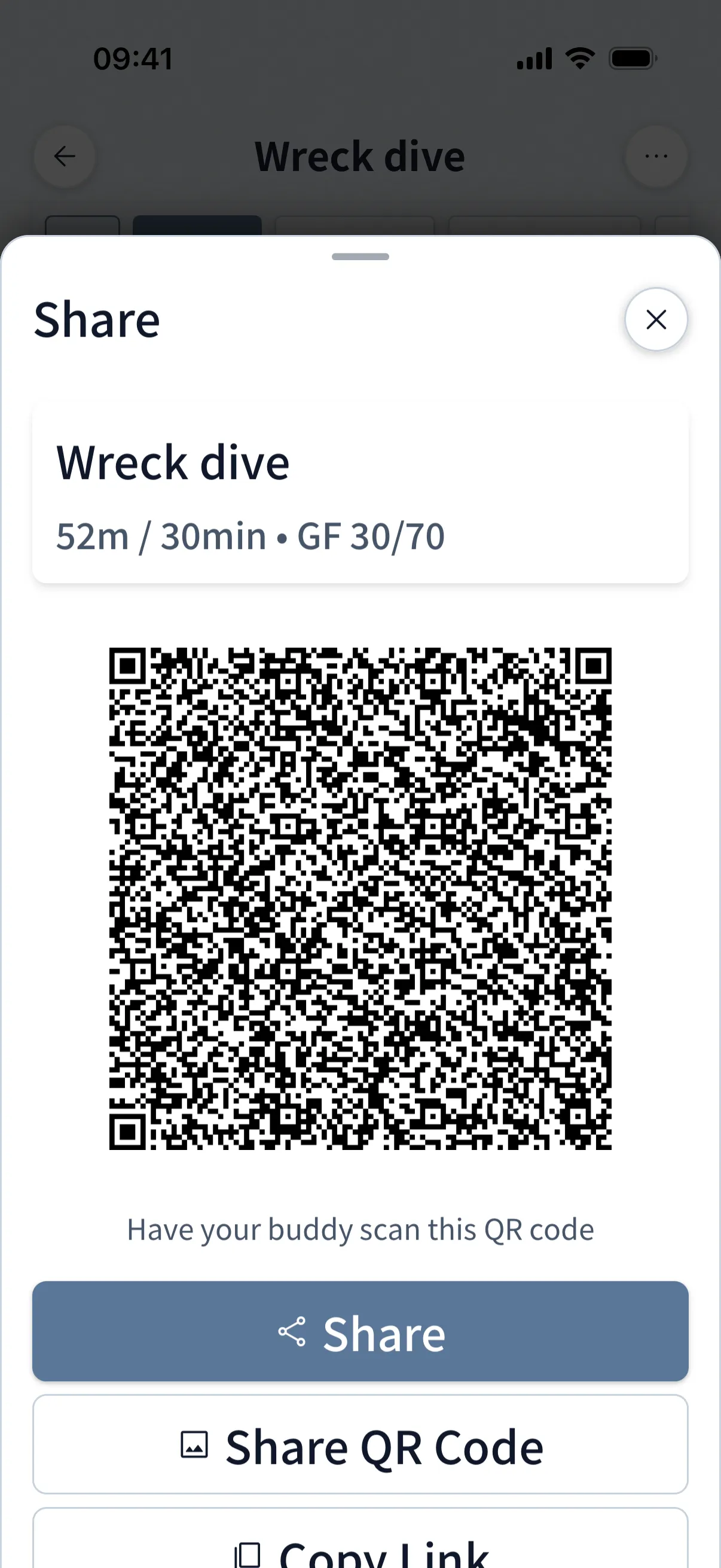 Dive Kit Share sheet with QR code and Export Slate sheet with printable underwater slate preview