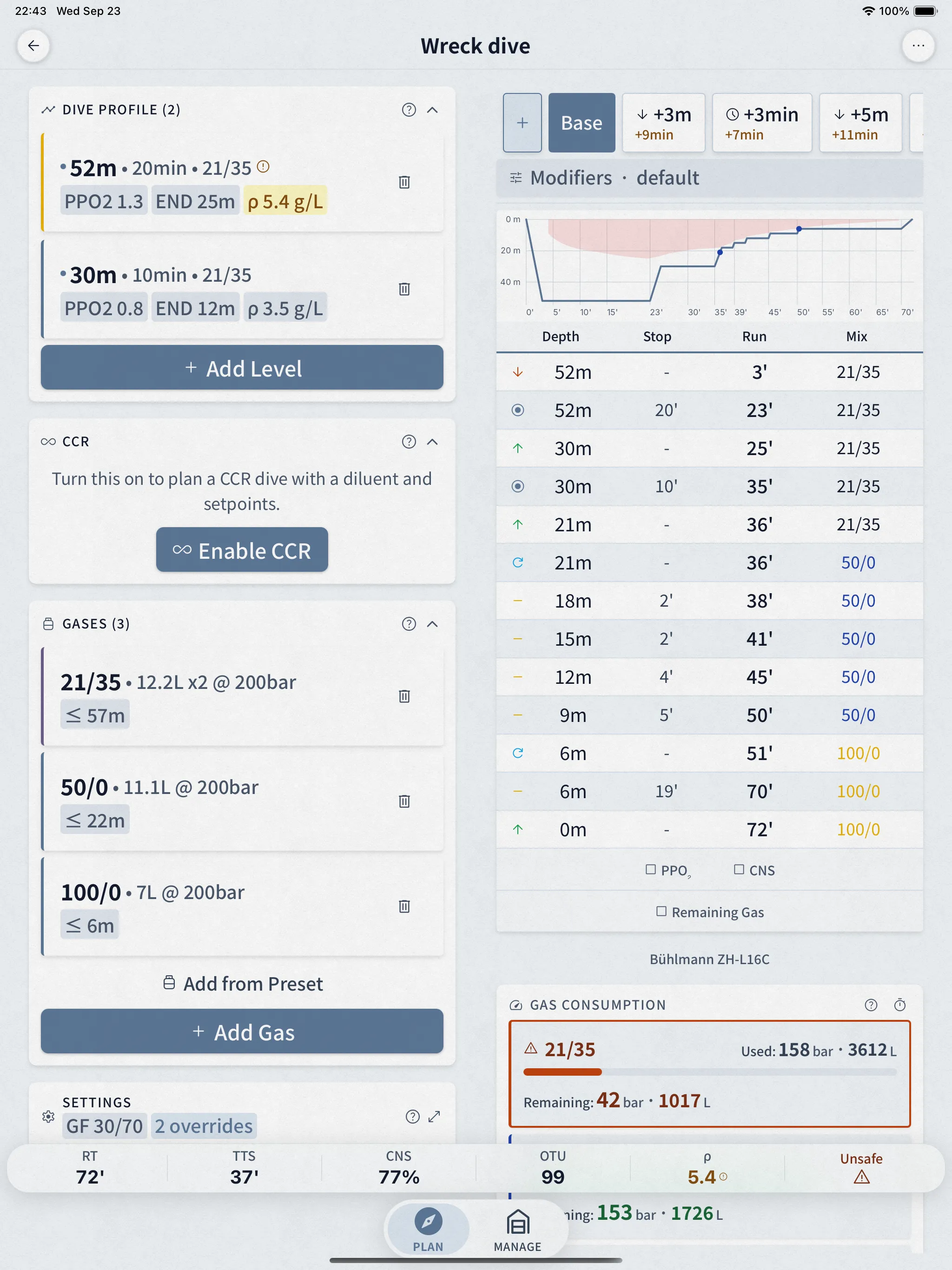 Dive Kit Deco Planner on a tablet showing a CCR dive plan with bailout schedule, dive-profile graph, and deco-stop table